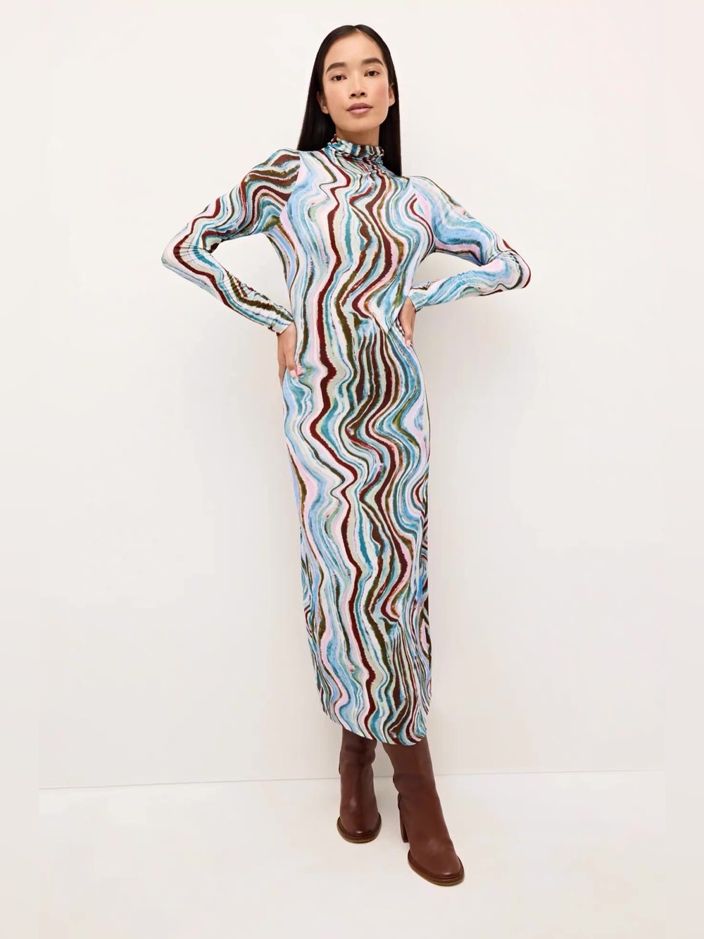 Marie Oliver Paxton Swirl-Print Turtleneck Midi Dress